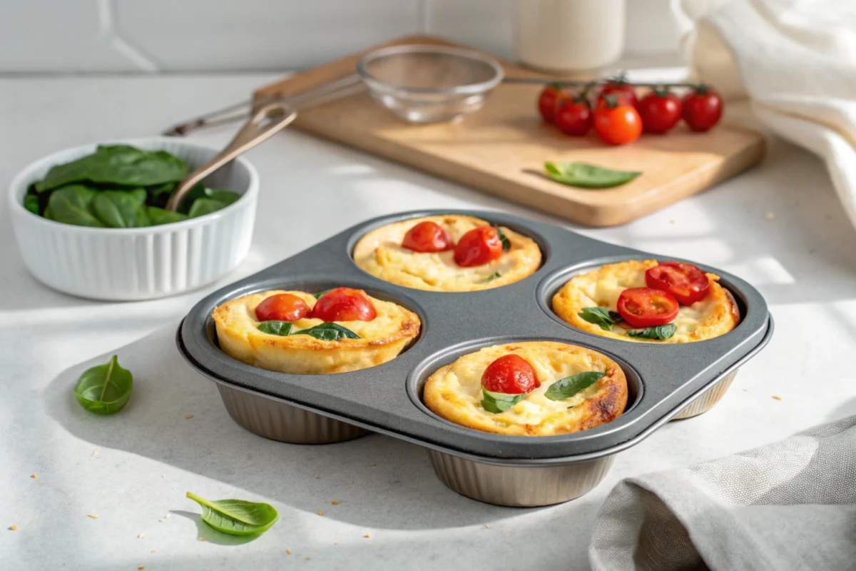 Baked cottage cheese egg cups in a muffin tin topped with cherry tomatoes and fresh basil.