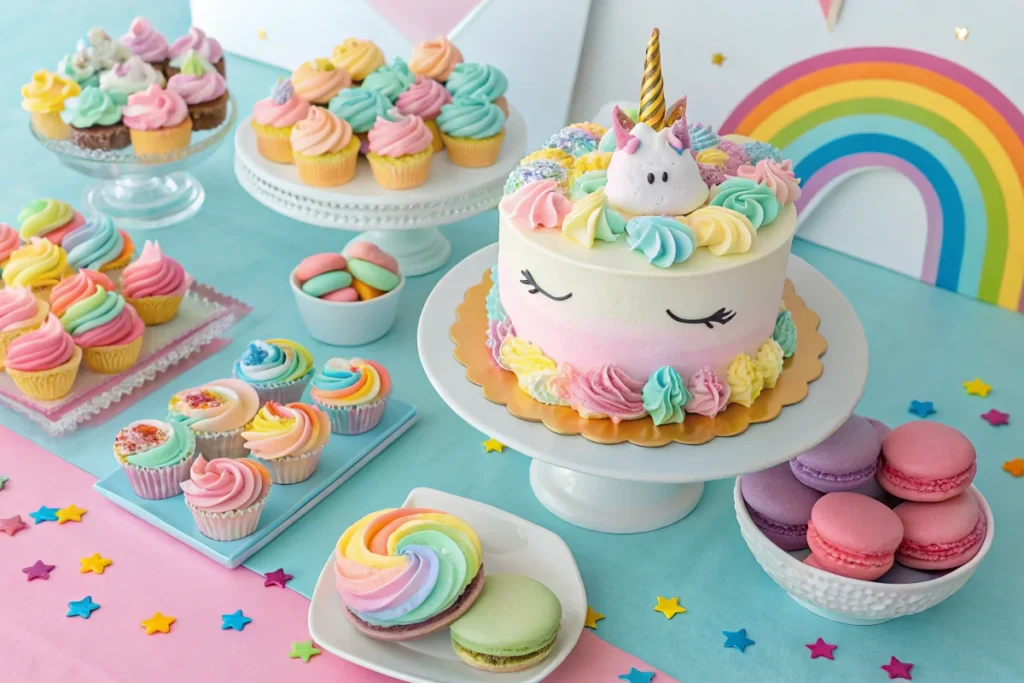 A dessert table showcasing a variety of unicorn-themed treats, demonstrating the popularity of magical dessert trends in modern celebrations.

