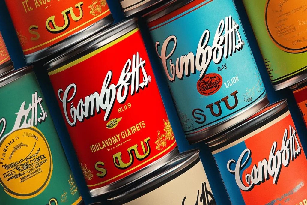 A progression of Campbell's soup can labels from the early 20th century to a modern, clean design.