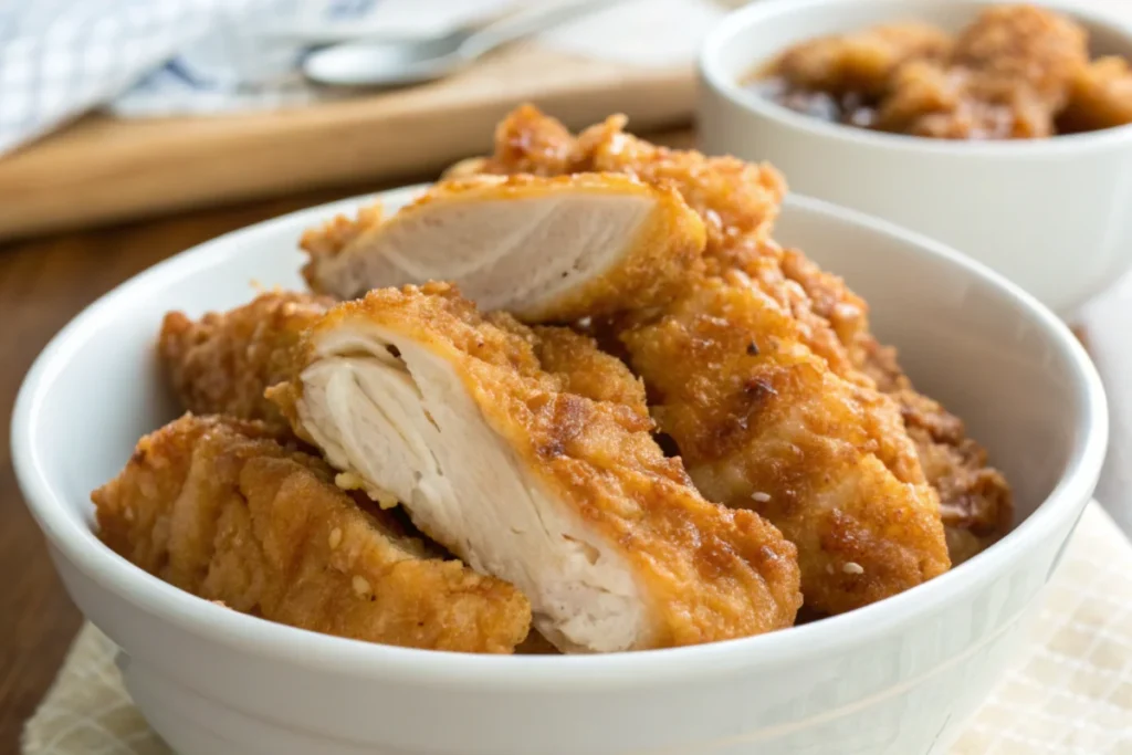 Naturally delicious salt and vinegar chicken strips in a bowl.