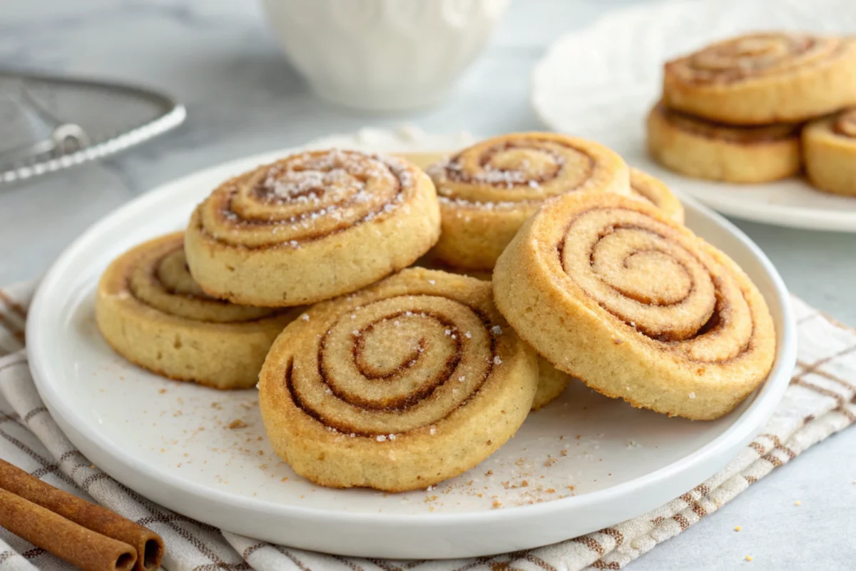 Cinnamon Roll Sugar Cookies displayed on a plate.