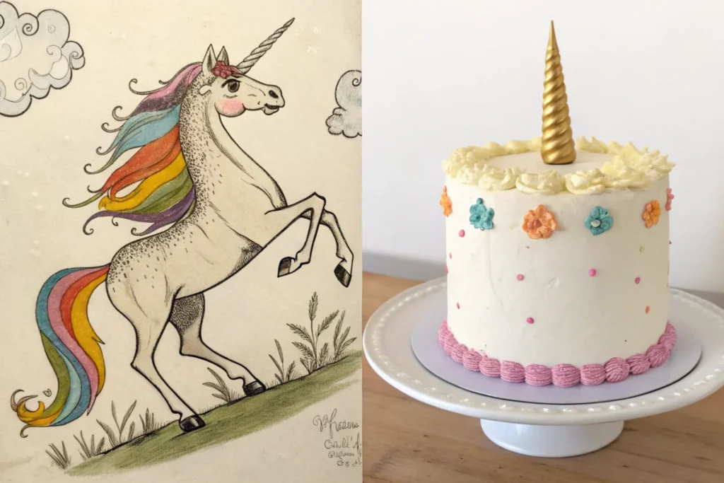 A split image illustrating the evolution of unicorns in art and their representation in magical dessert trends, featuring a vintage drawing and a modern unicorn cake.