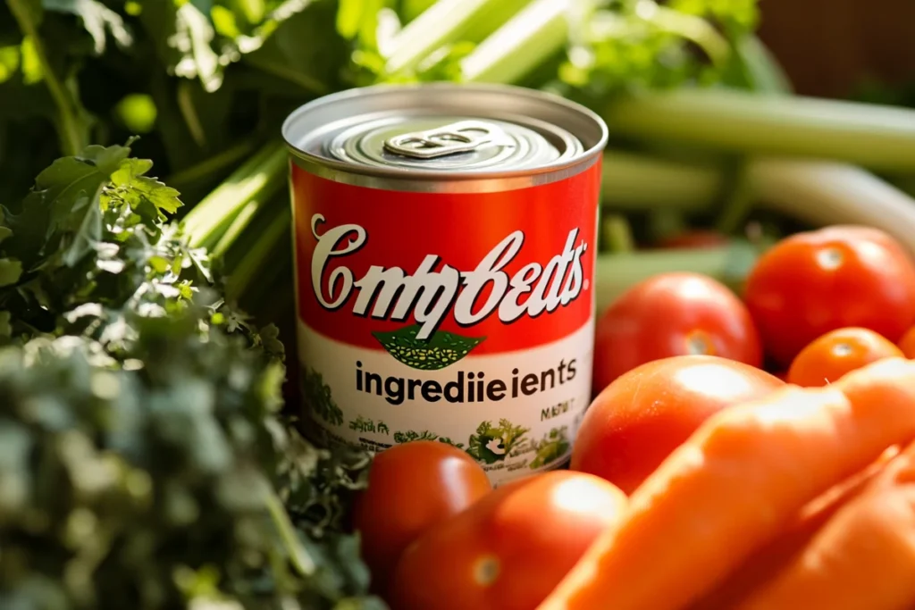 A Campbell's soup can surrounded by fresh vegetables and herbs, conveying a focus on natural ingredients.