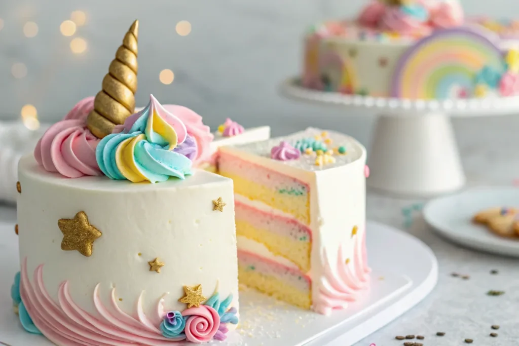 A detailed close-up highlighting the key design elements of unicorn cakes within magical dessert trends, including the horn, mane, and edible glitter.

