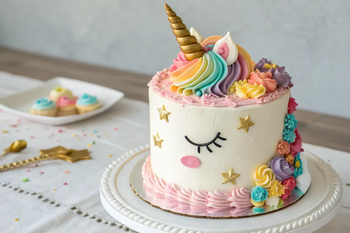 A stunning cake representing magical dessert trends decorated with golden horn, colorful mane.