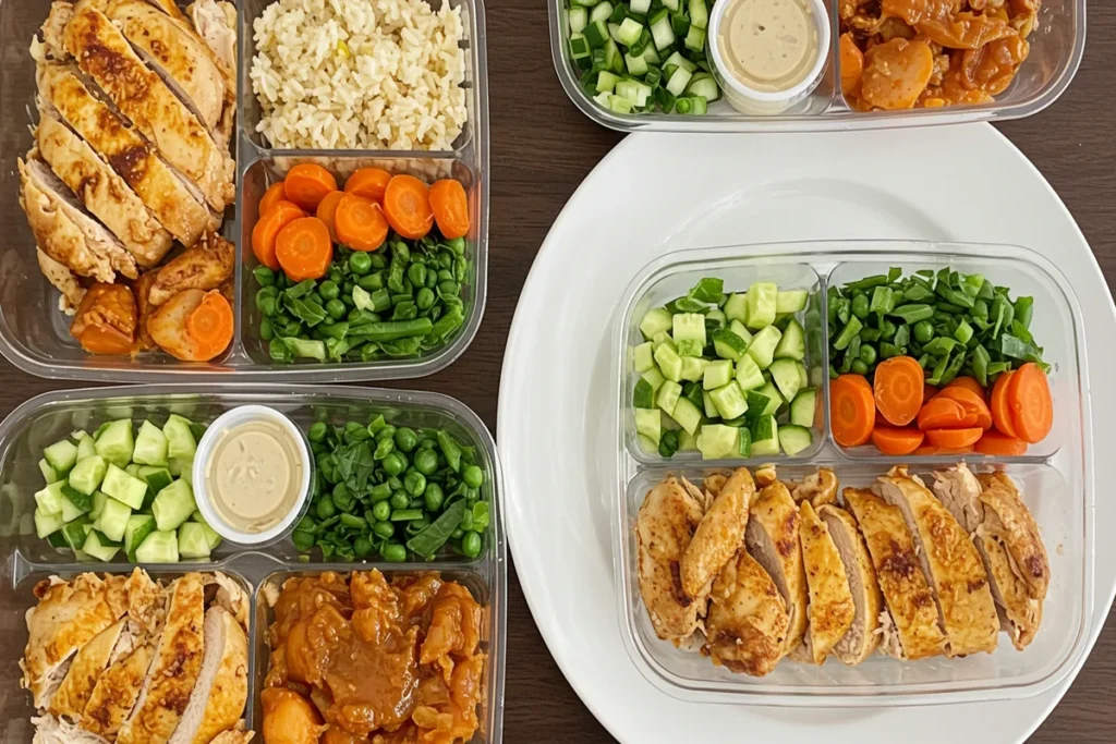 Meal prep containers with cooked rotisserie chicken and other ingredients.