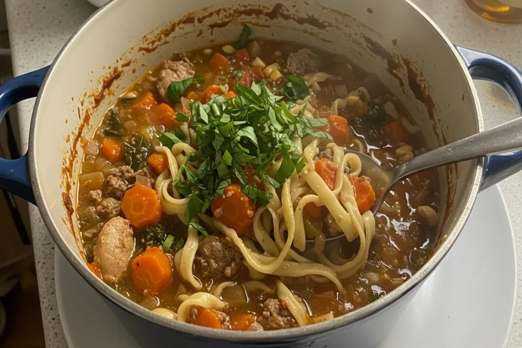 Steaming pot of Campbell's soup recipes with herbs and noodles.