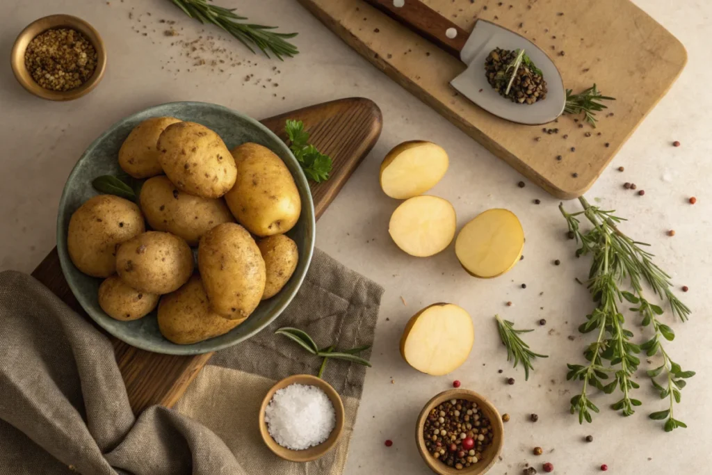 ukon Gold potatoes with herbs and spices on a countertop