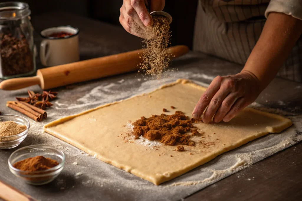 cinnamon roll sugar cookies : Hands sprinkling cinnamon sugar onto dough for cinnamon roll sugar cookies.