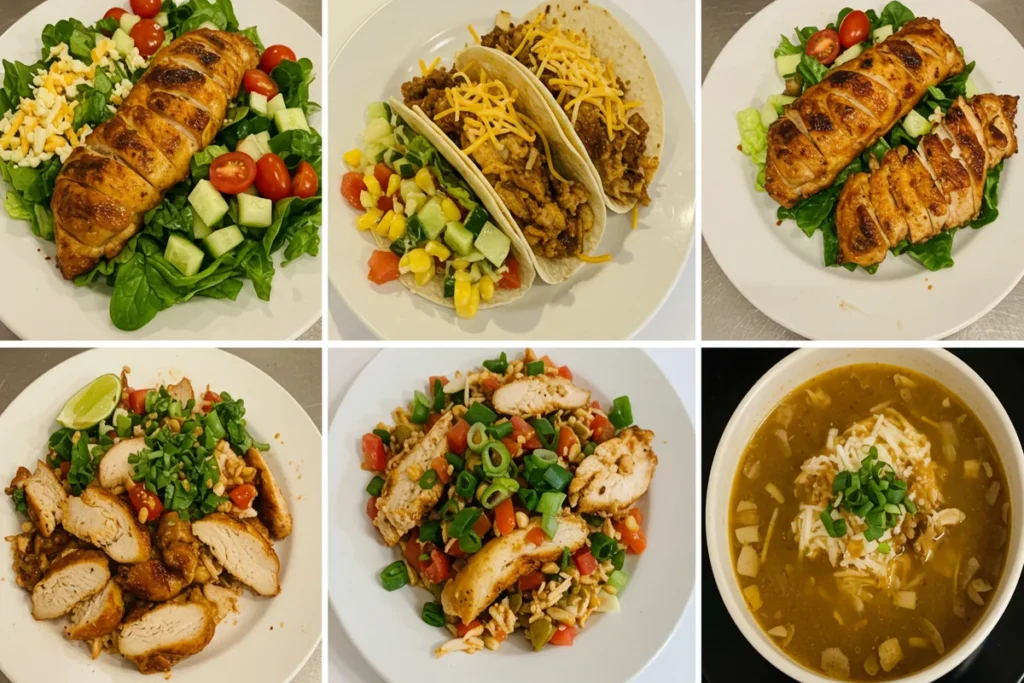 Recipes featuring rotisserie chicken in a home kitchen.