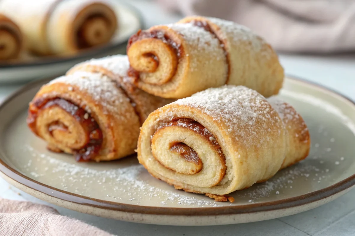 Fresh rugelach pastries arranged on a plate, ready to eat.