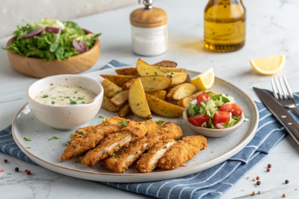 Naturally prepared salt and vinegar chicken strips with sides.