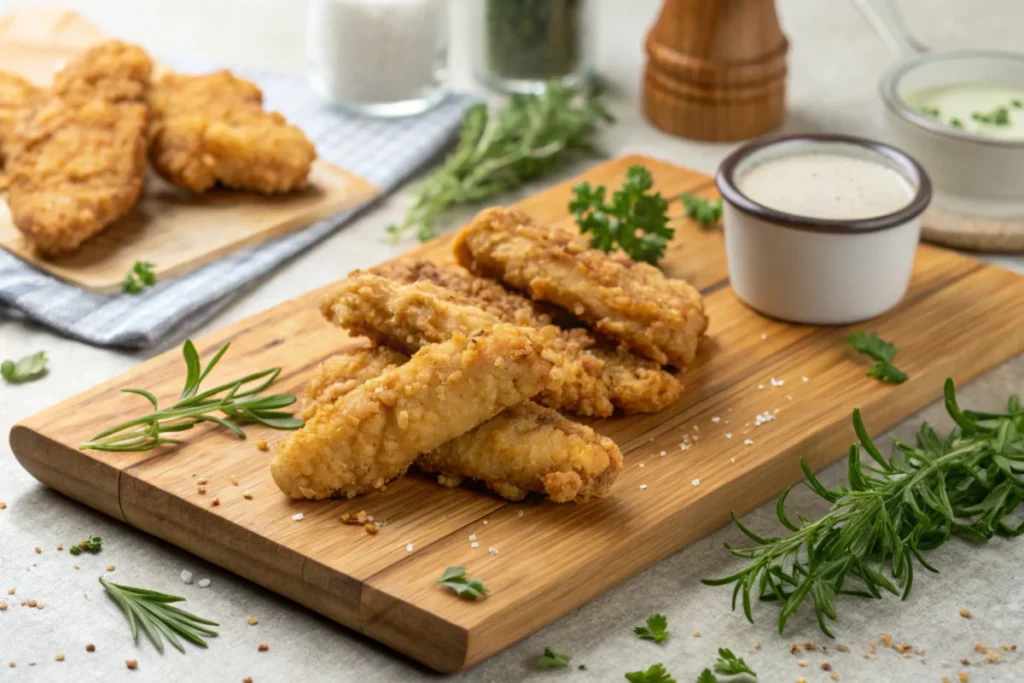 Naturally seasoned salt and vinegar chicken strips on a cutting board with herbs.