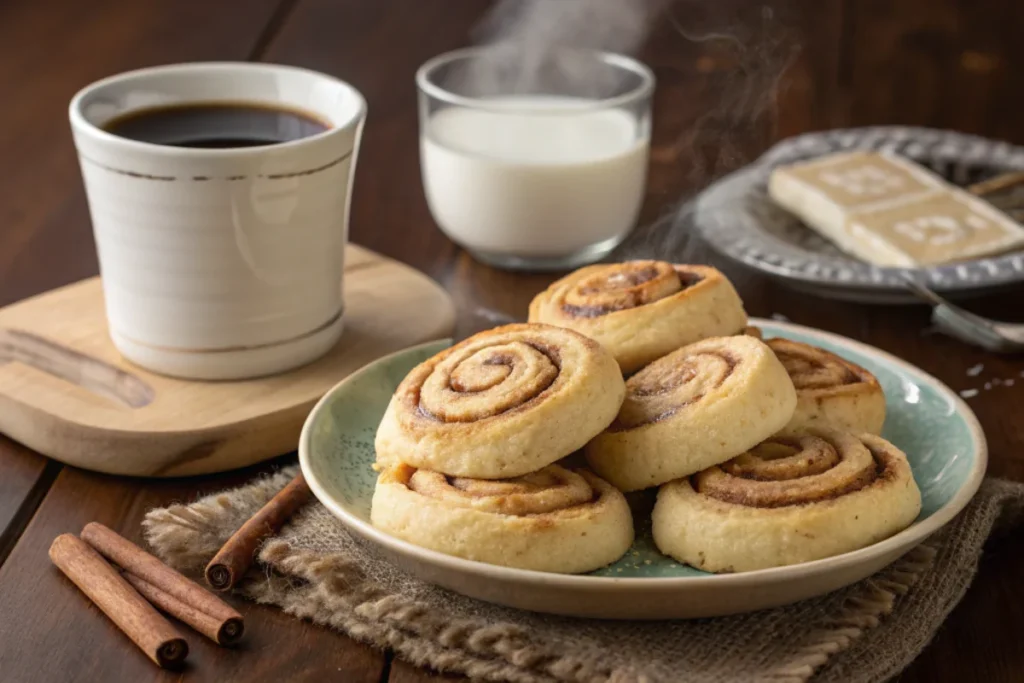 Freshly baked cinnamon roll sugar cookies with coffee.