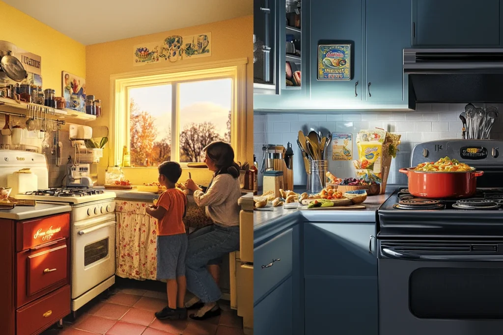 A split image: one side showing a classic Campbell's soup kitchen scene from the 1950s, the other a modern, diverse family enjoying soup in a contemporary setting.