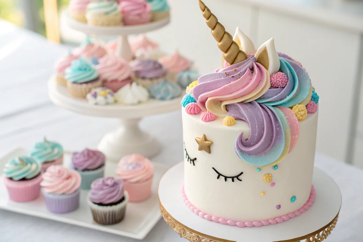 A beautifully decorated unicorn cake, showcasing key design elements in the current magical dessert trends, with a focus on its golden horn, colorful mane, and edible glitter.