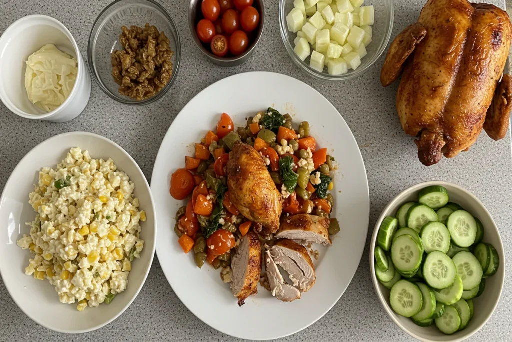 Rotisserie chicken surrounded by meal ingredients on a kitchen counter.