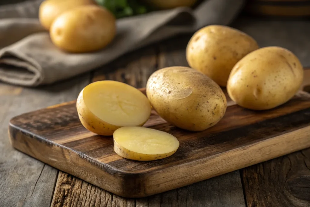 Yukon Gold potatoes on a wooden cutting board