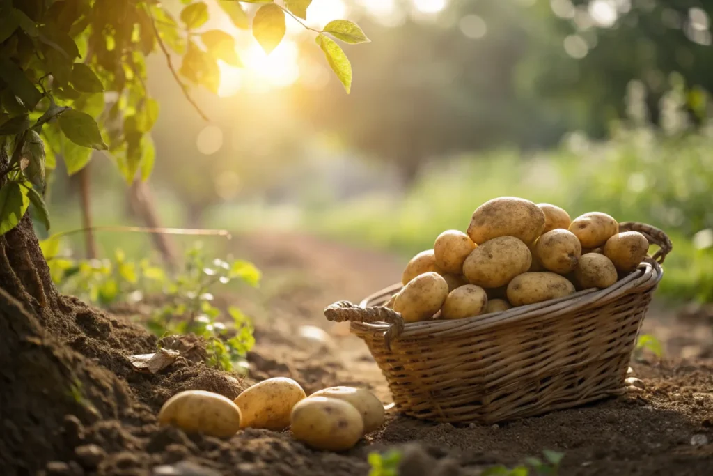 Freshly harvested Yukon Gold potatoes in a basket