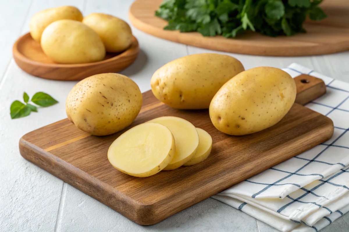 Yukon Gold potatoes on a wooden cutting board