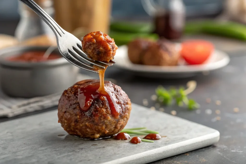 Single Cowboy Meatball on a fork.