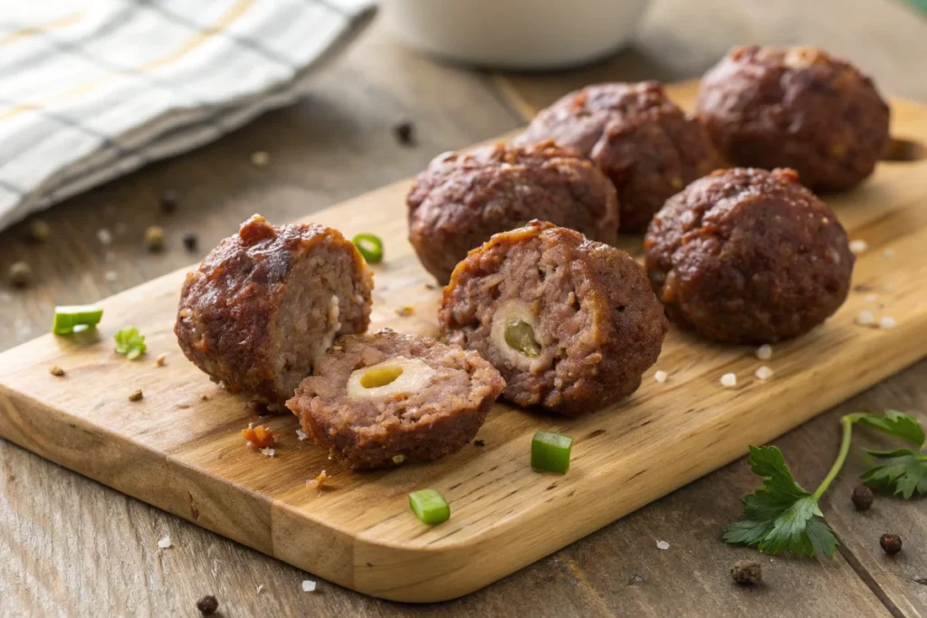 Close-up of Cowboy Meatballs on a board.