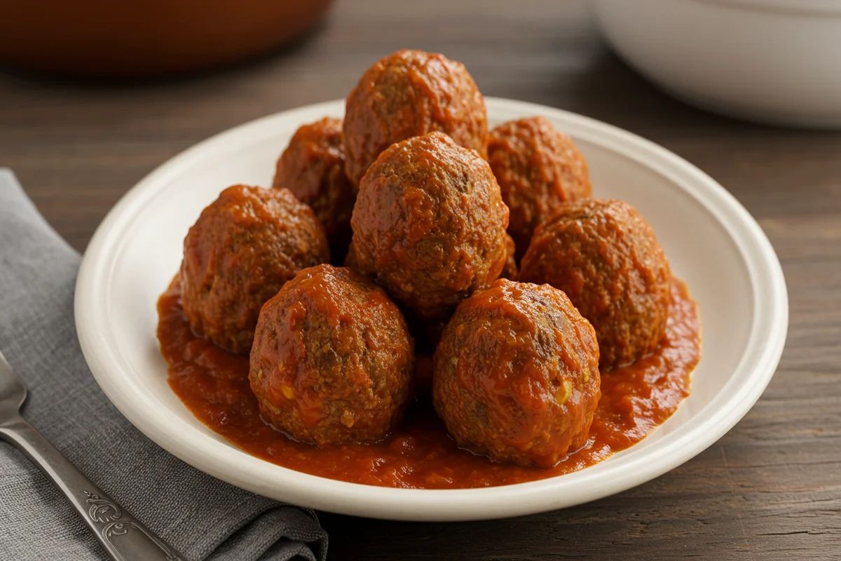 Hearty Cowboy Meatballs served in a rich tomato sauce.