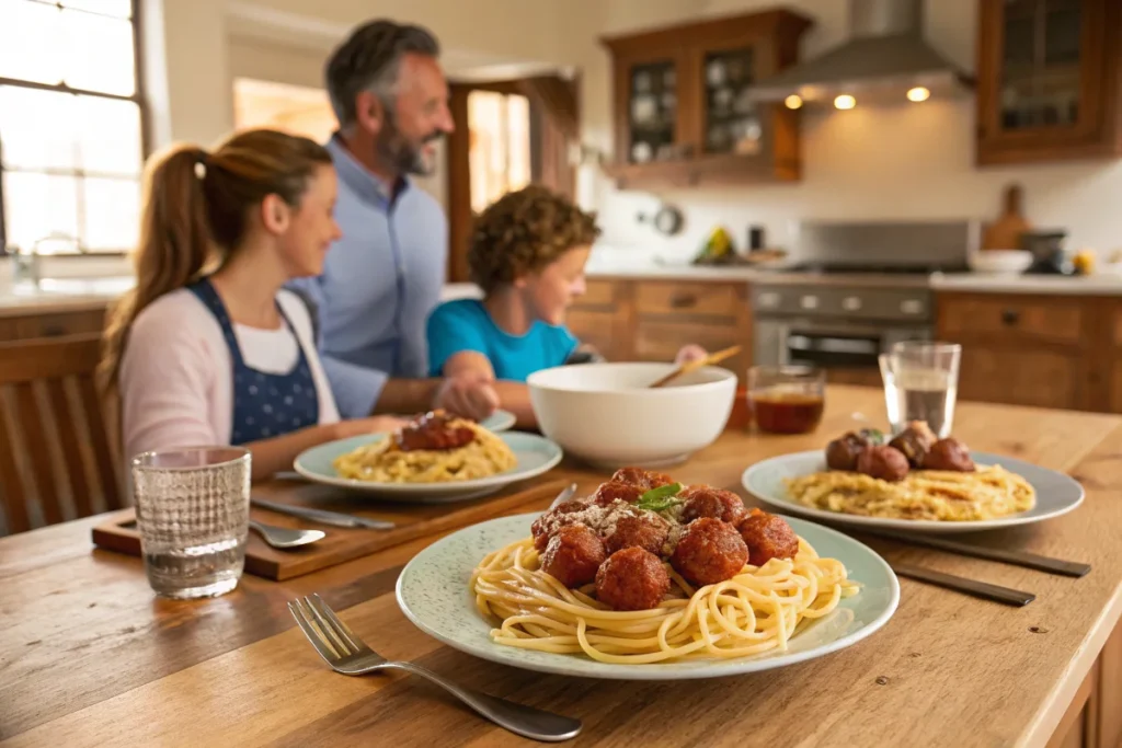 Family eating Cowboy Meatballs.