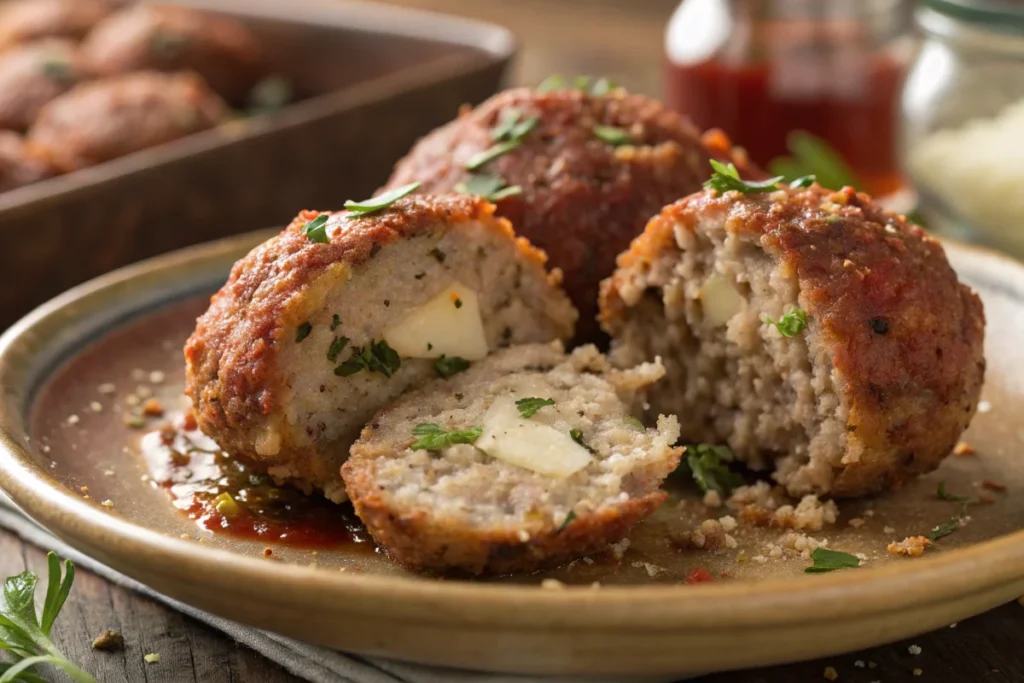 Close-up of a tender meatball interior.