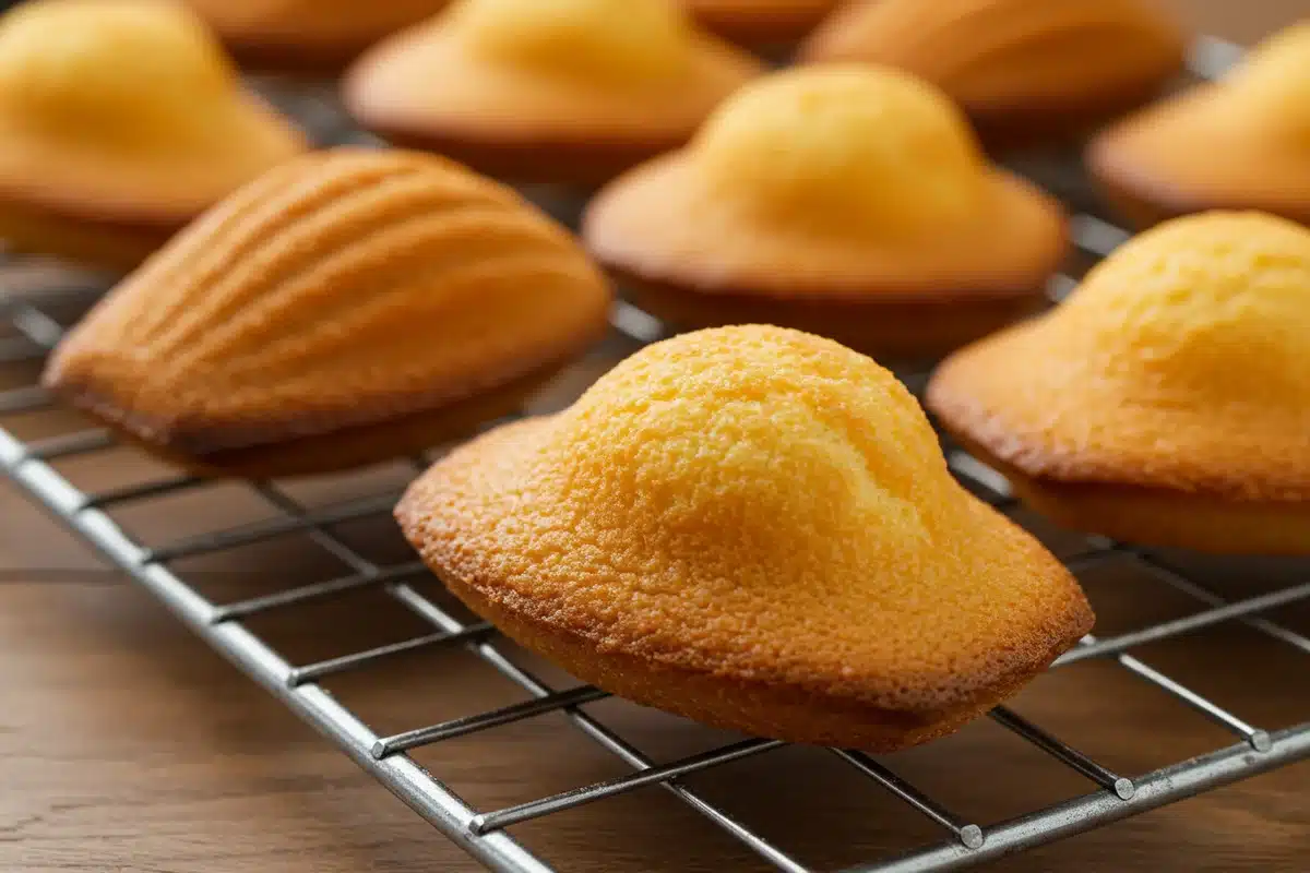 Freshly baked madeleine cookies recipe using cream, golden brown and cooling on a wire rack.