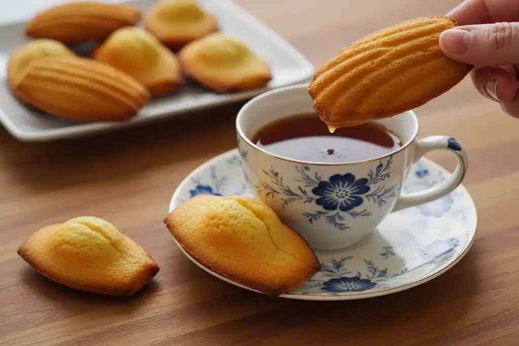 Dipping a madeleine cookie from a cream recipe into a cup of tea.