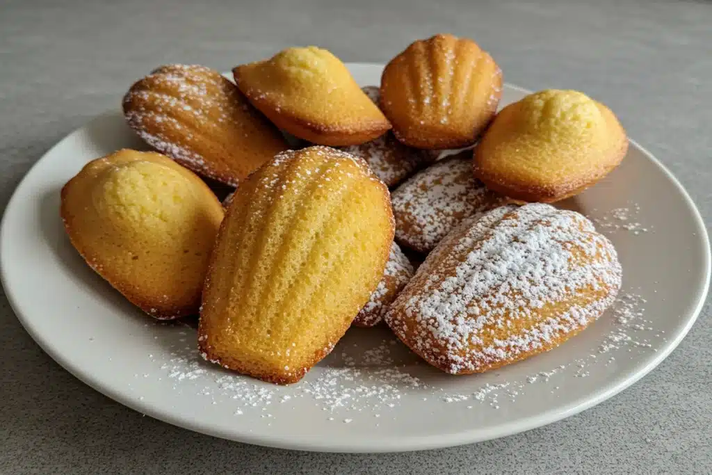 madeleine cookies recipe using cream, some dusted with powdered sugar. Delicious treat!