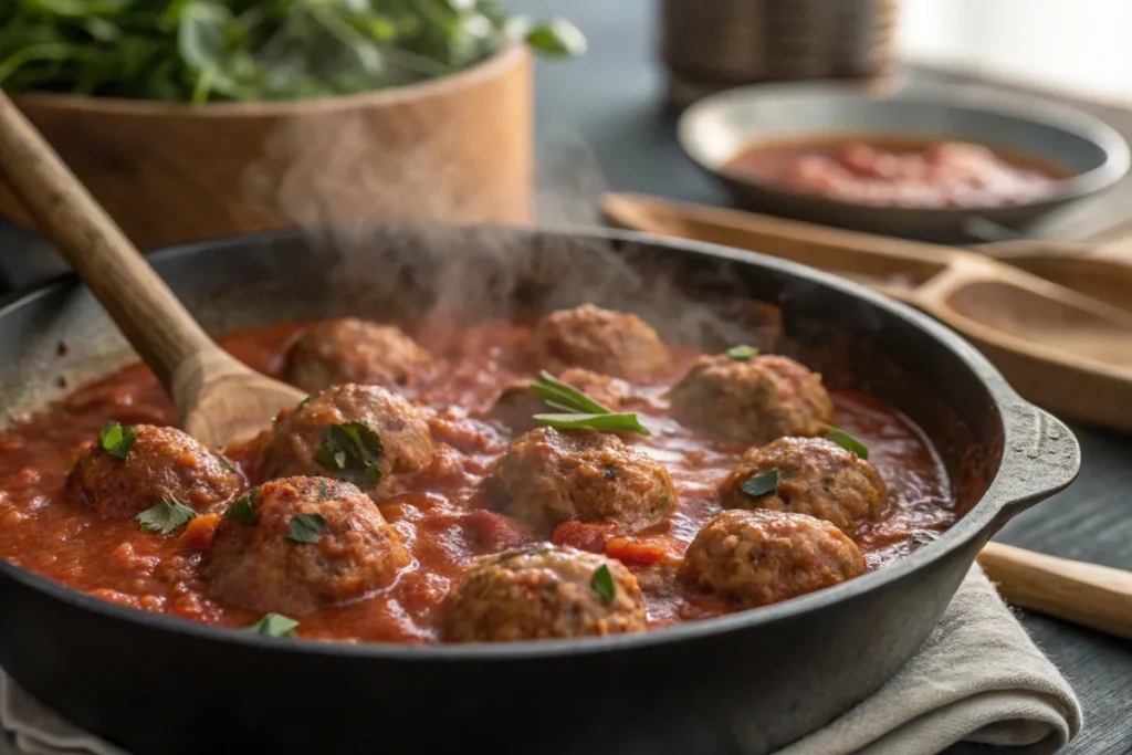 Tender Meatballs simmering in sauce.