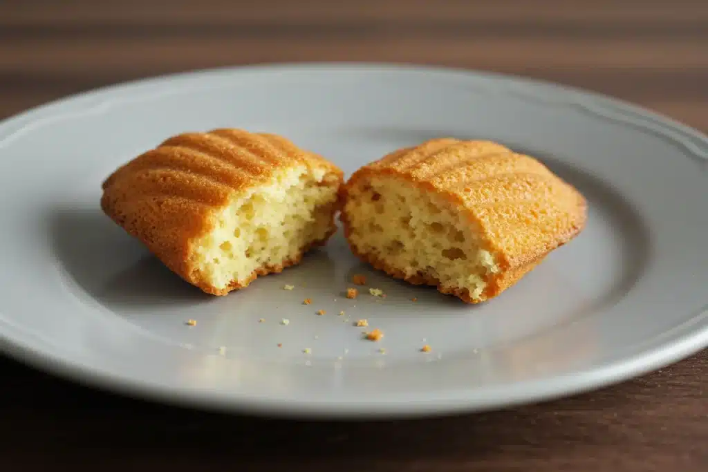 Madeleine cookie using cream recipe, broken open to show the soft crumb.