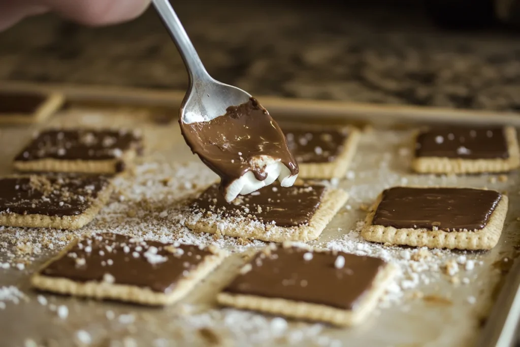 A spoon scooping a gooey chocolate-marshmallow mixture onto graham crackers for a no-bake treat.

