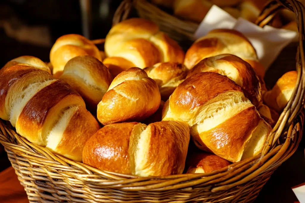 Basket of assorted German buns, including round, oval, and crescent shapes.