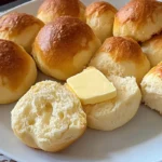 Freshly baked German buns (Brötchen) on a plate, some sliced and buttered.