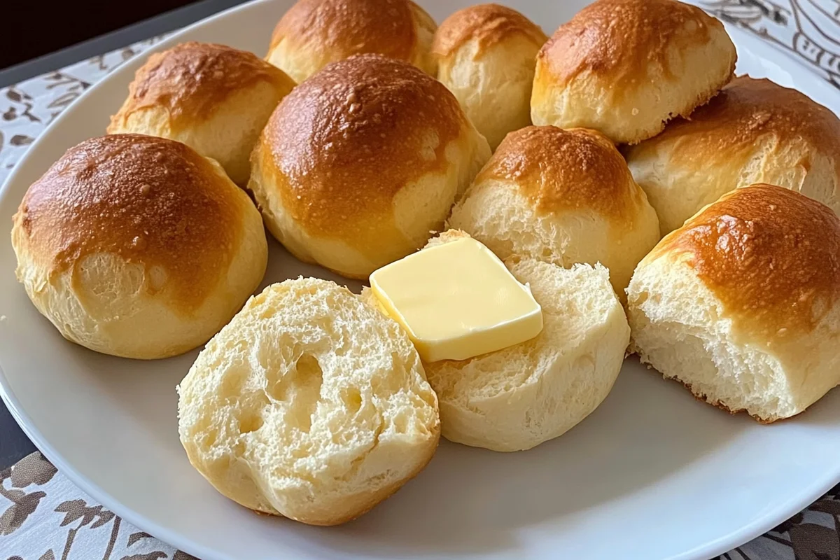 Freshly baked German buns (Brötchen) on a plate, some sliced and buttered.