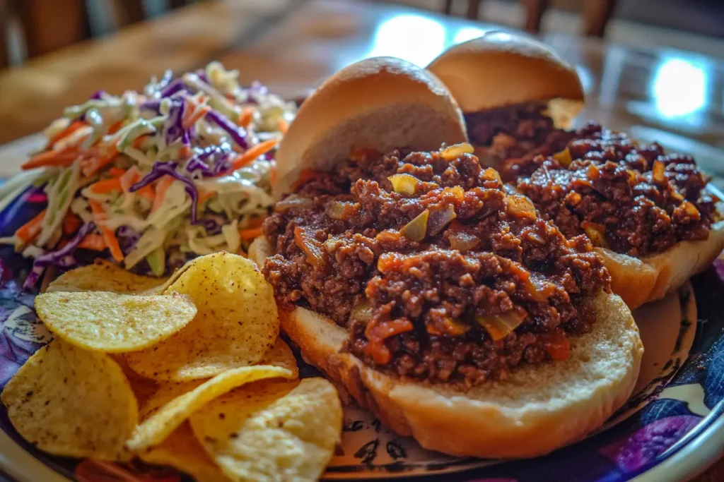 Delicious Sloppy Joes served on toasted buns with coleslaw and chips, a classic ground beef meal.