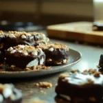 Close-up of homemade no-bake chocolate marshmallow treats with graham cracker crumbs on a wooden kitchen counter