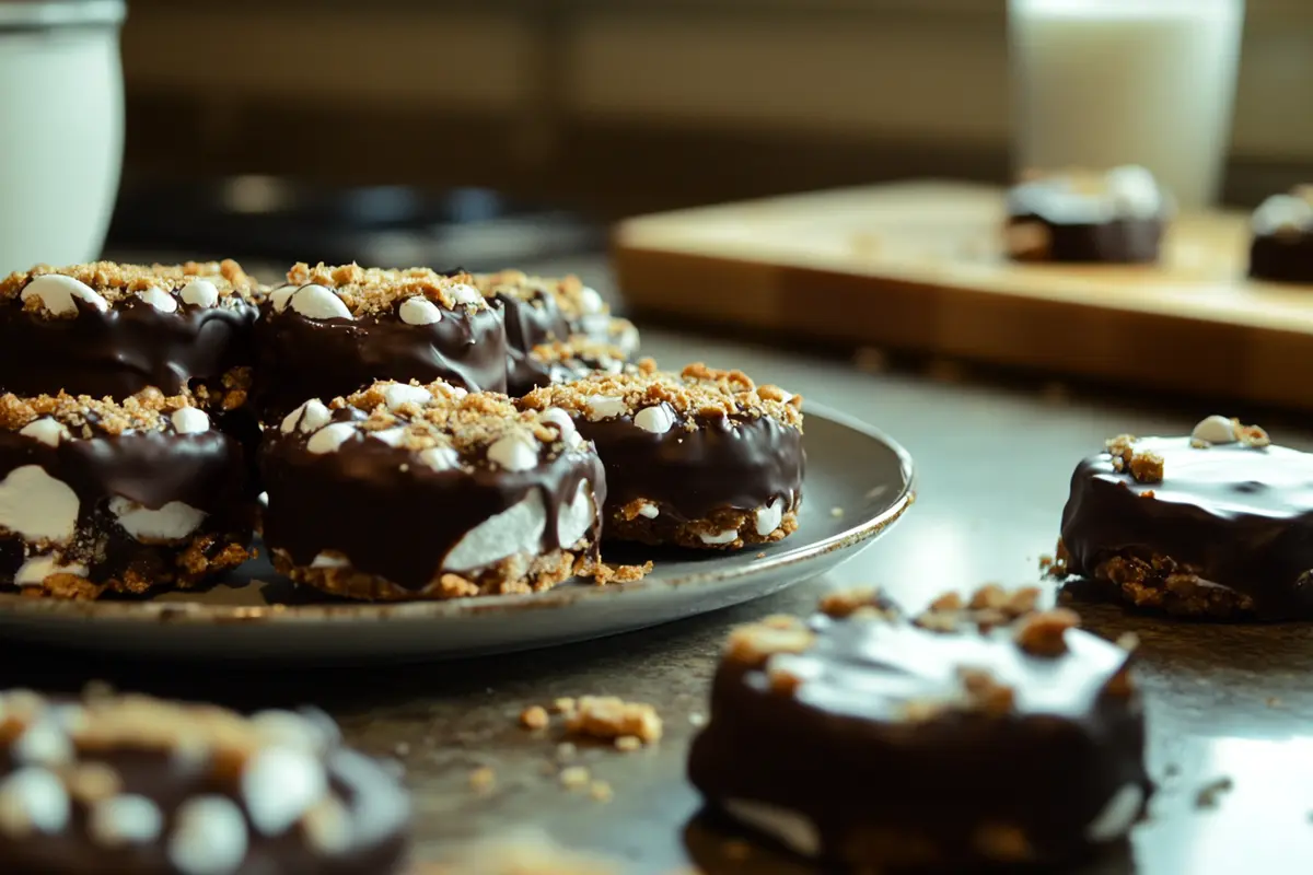 Close-up of homemade no-bake chocolate marshmallow treats with graham cracker crumbs on a wooden kitchen counter