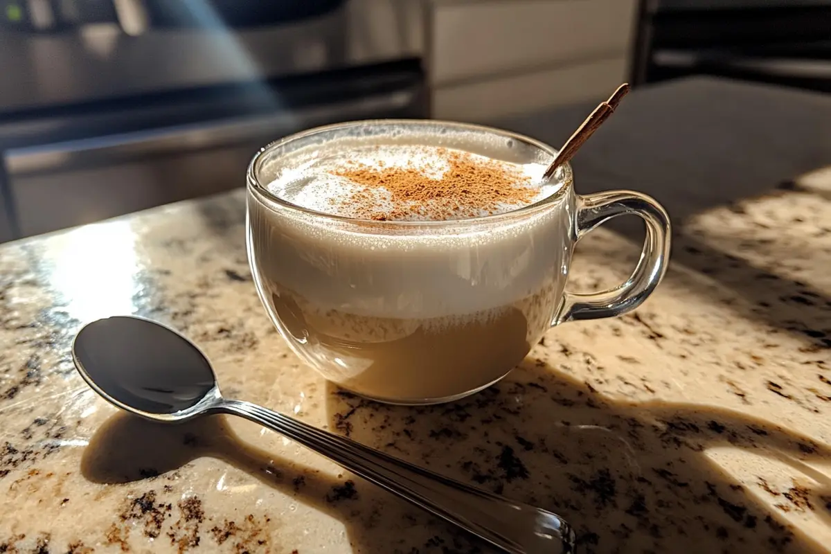 Creamy coffee loophole recipe drink with cinnamon in a clear mug