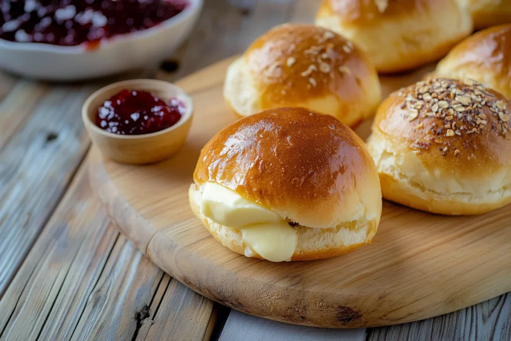 German buns served on a board with butter, jam, and cheese.