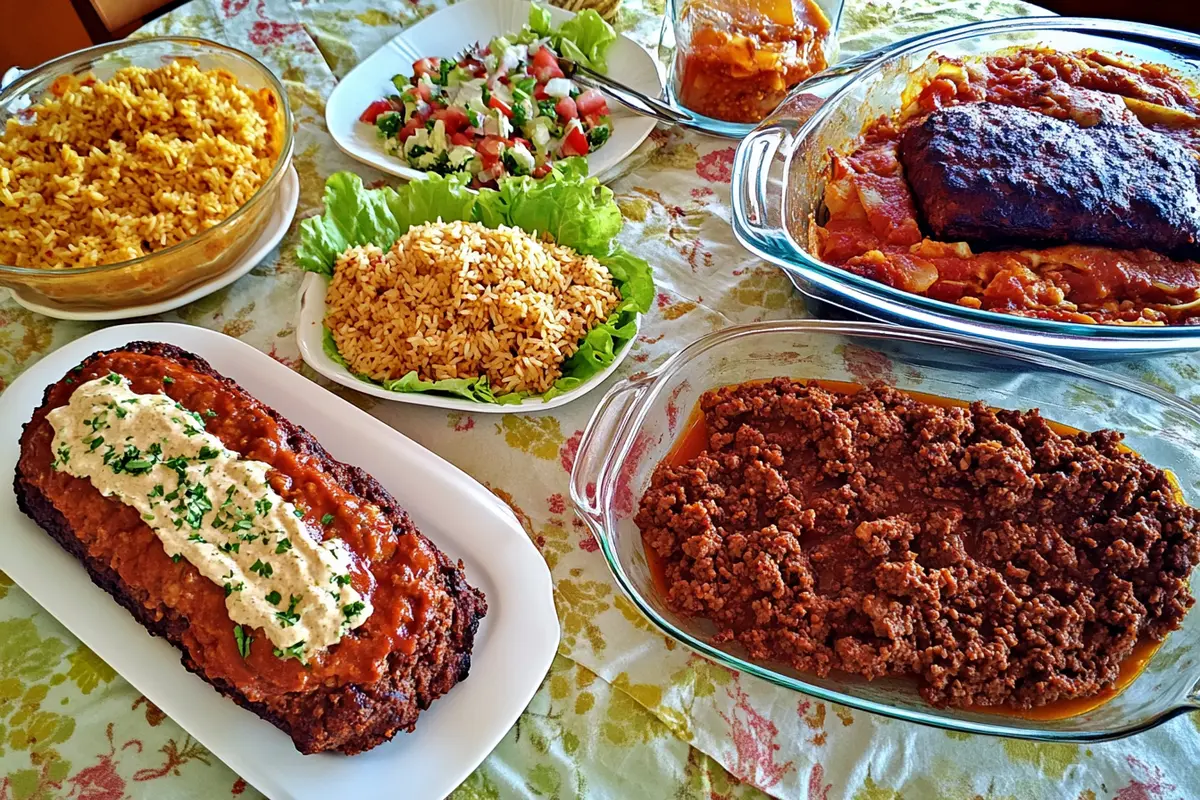 Delicious spread of ground beef recipes: meatloaf, sloppy joes, Korean beef, and taco casserole.