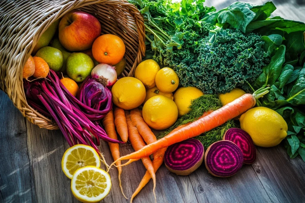 Fresh fruits and veggies for healthy juicing recipes