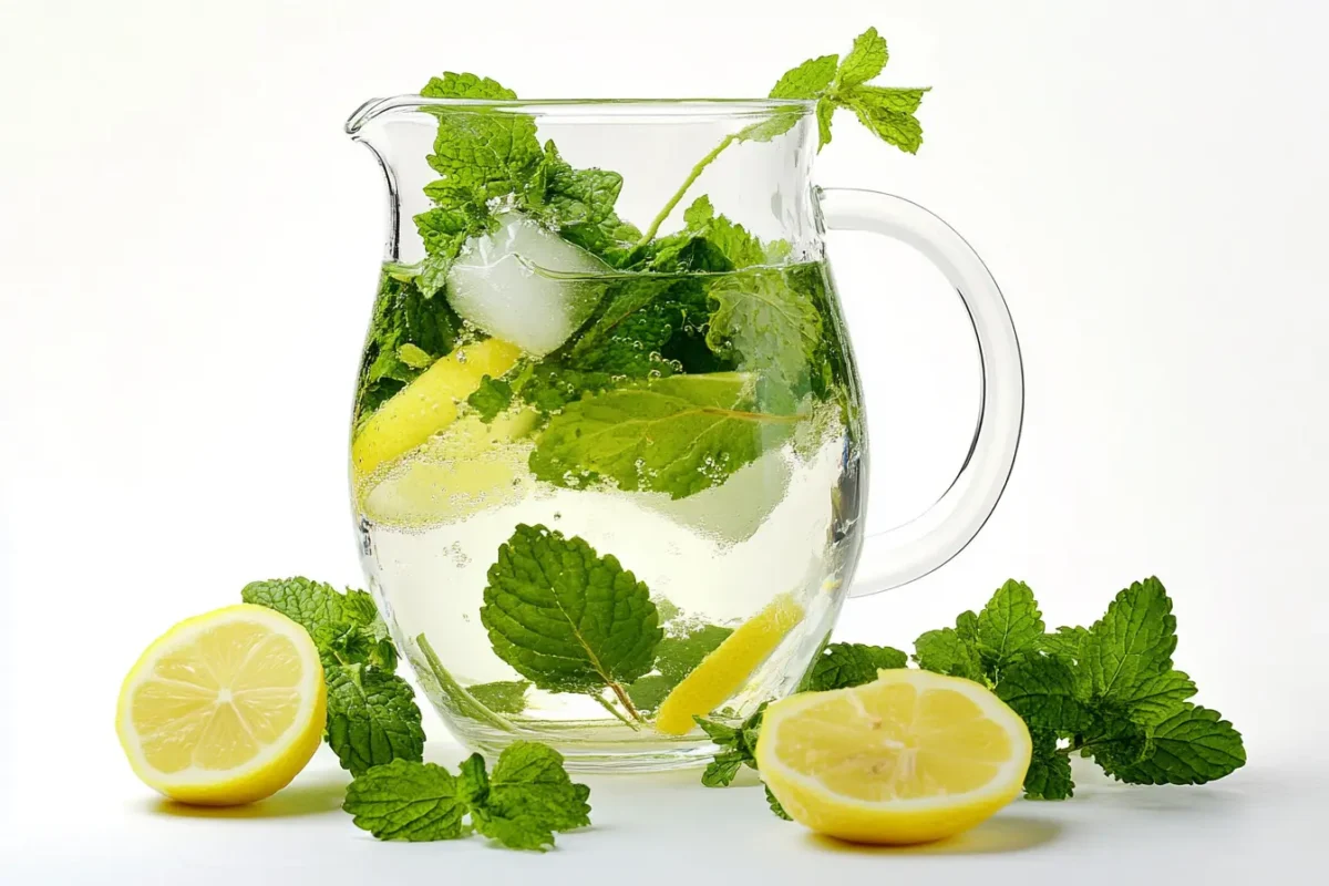 Refreshing lemon balm water infusion for weight loss, with ice and fresh leaves.