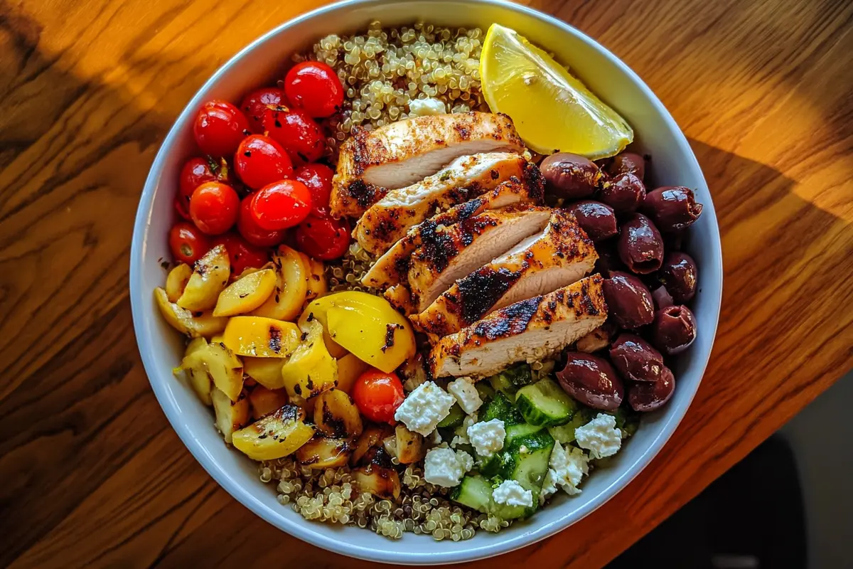 Delicious natural Mounjaro recipe: a vibrant Mediterranean Chicken and Quinoa Bowl, perfect for a healthy meal.