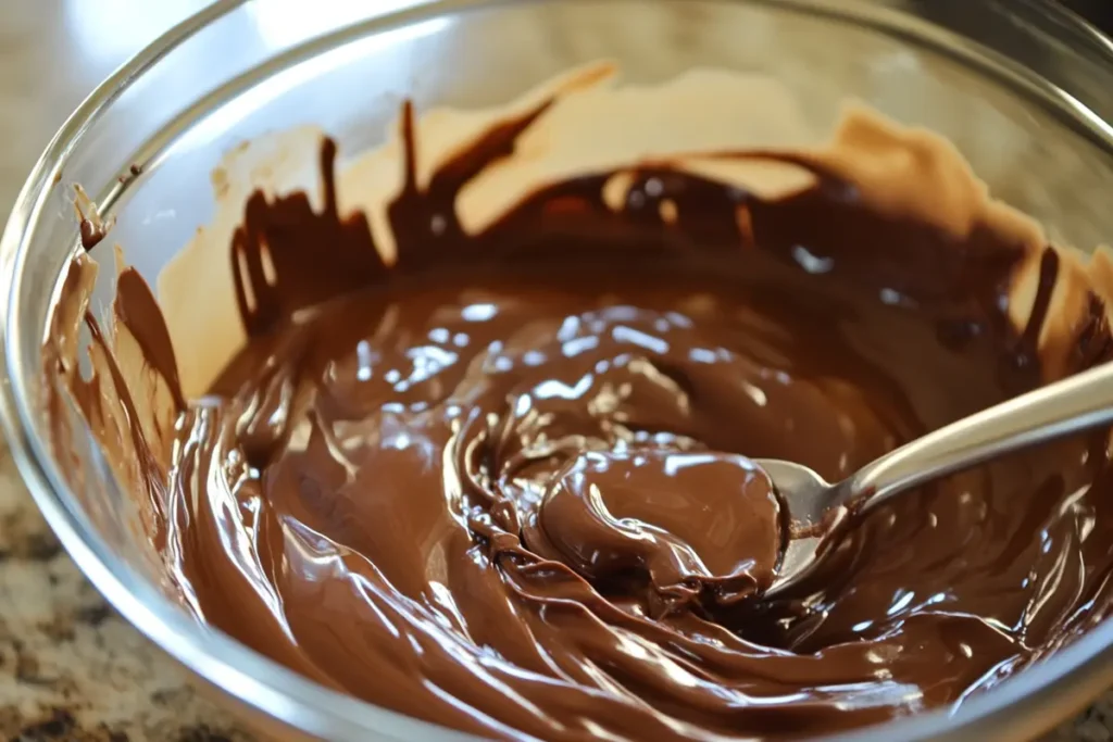 Moose Farts : A close-up of melted chocolate and peanut butter being mixed in a glass bowl, ready for no-bake treats.