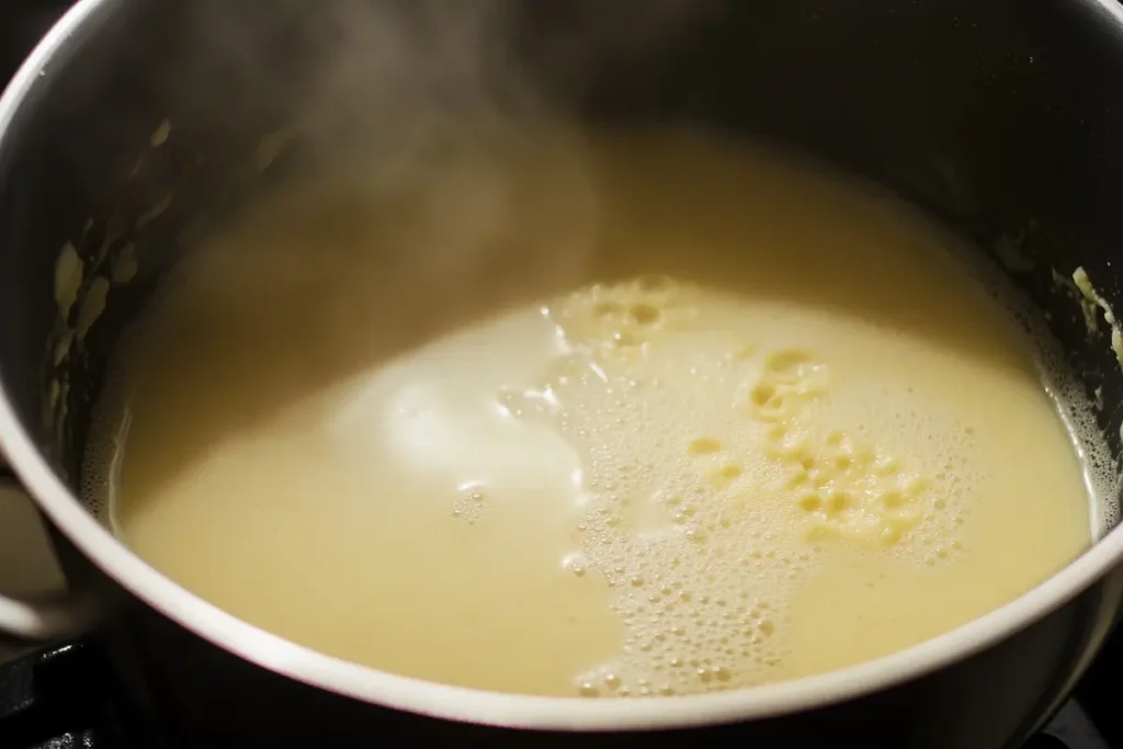 Pastina Recipe : Cooking pastina: simmering star-shaped pasta in chicken broth on the stove.