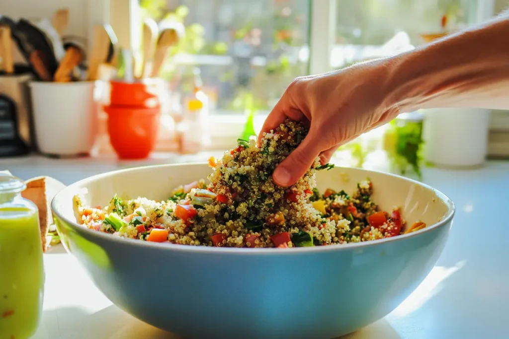 Making a natural Mounjaro recipe! Hands tossing ingredients in a Mediterranean Quinoa Bowl in a bright kitchen.